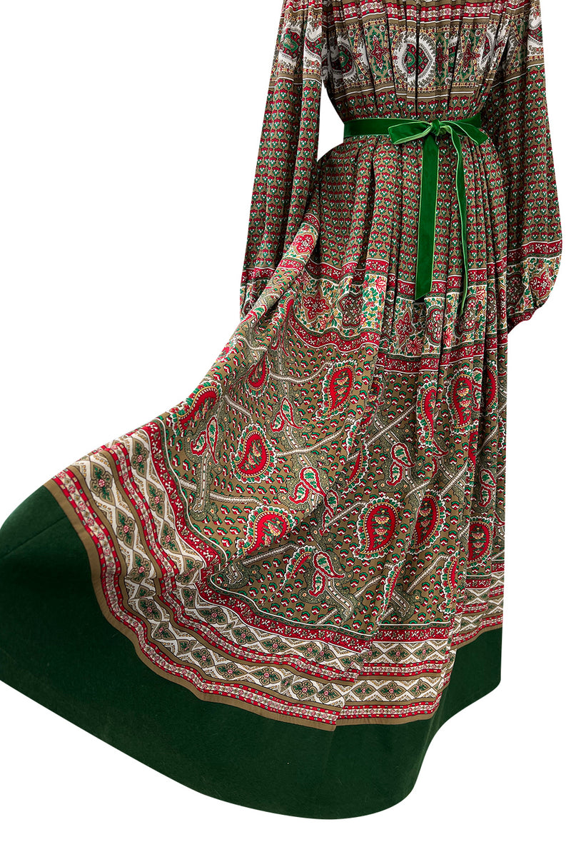 Gorgeous 1970s Lanvin Couture Printed Gathered Silk Caftan Dress w Balloon Sleeves & Felt Hem