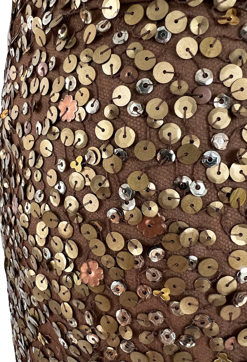 Fall 2002 Valentino Plunged Silk Net Chiffon Dress Completely Covered in Copper Sequins