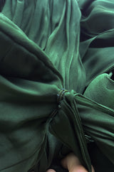 Spectacular Late 1970s Galanos Moss Green Silk Chiffon Car Wash Hem Dress w Draped Shoulder Panel