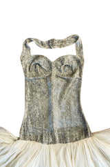 Rare Late 1920s Early 1930s Howard Greer Silver Beaded Halter Dress w Silk Tulle Net Tiered Skirt