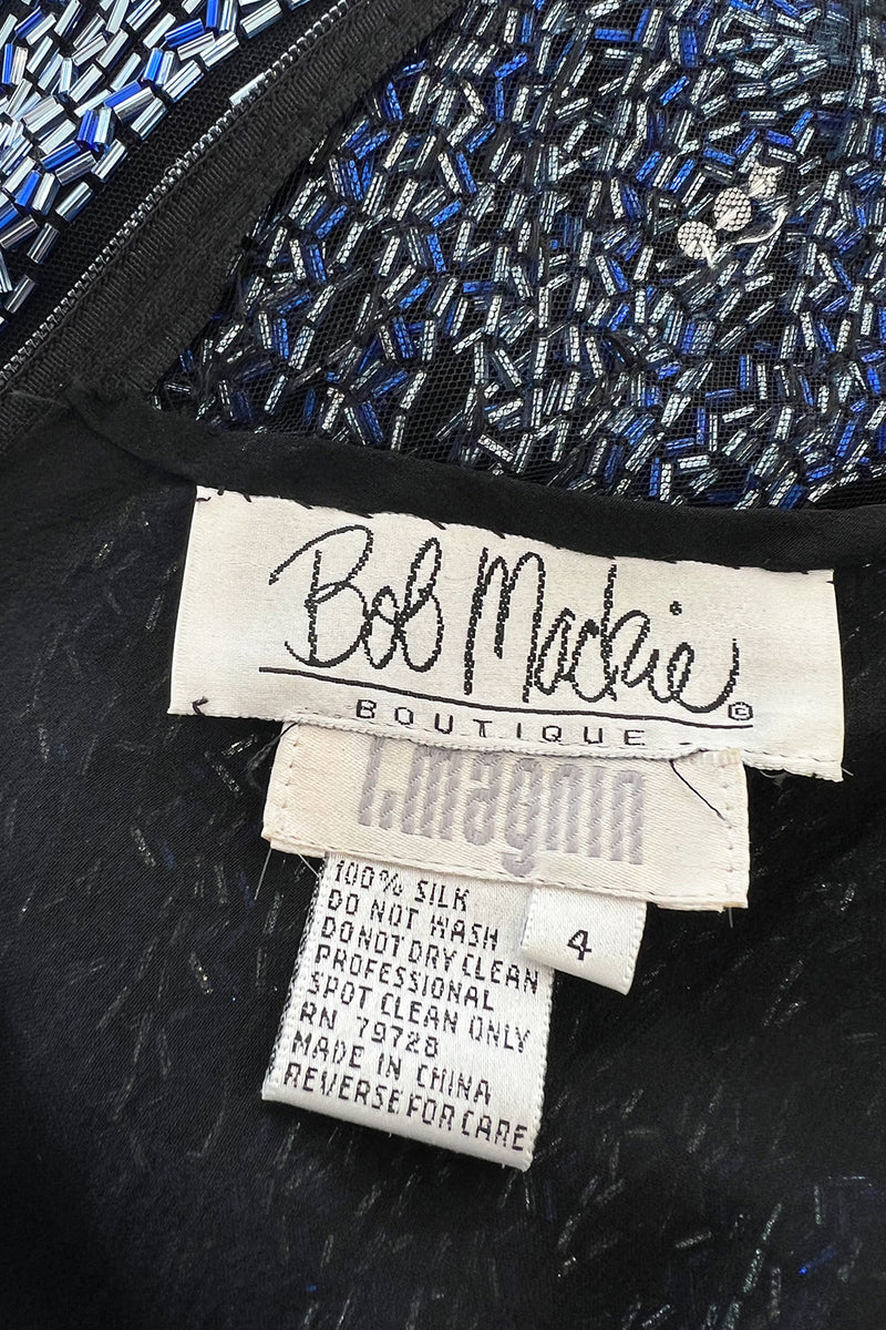 Incredible 1980s Bob Mackie Blue & Silver Beaded & Sequin Dress on Black Net