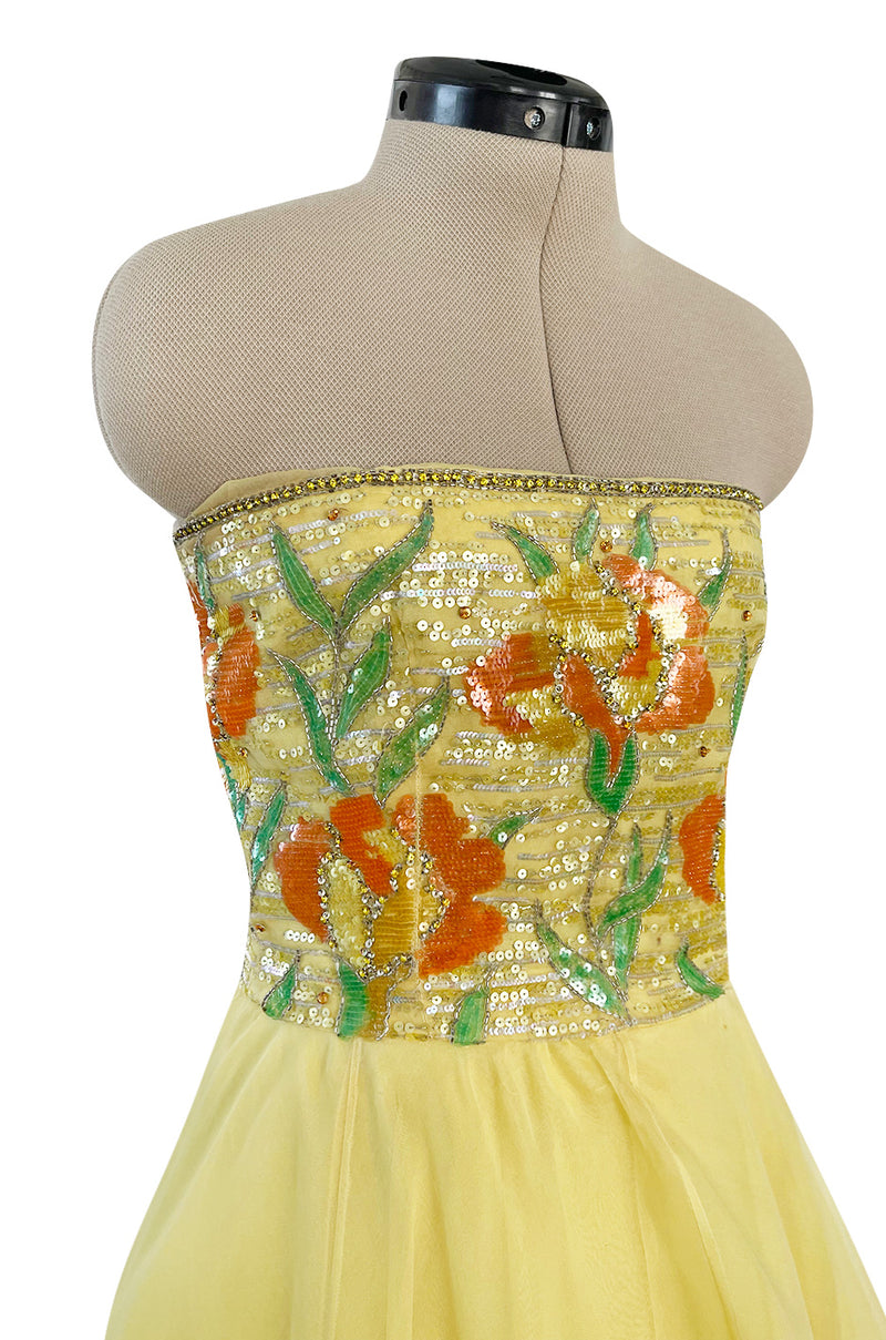 Spring 1977 Jean Louis Scherrer Haute Couture Strapless Floral Sequin Silk Dress w Matching Silk Cape