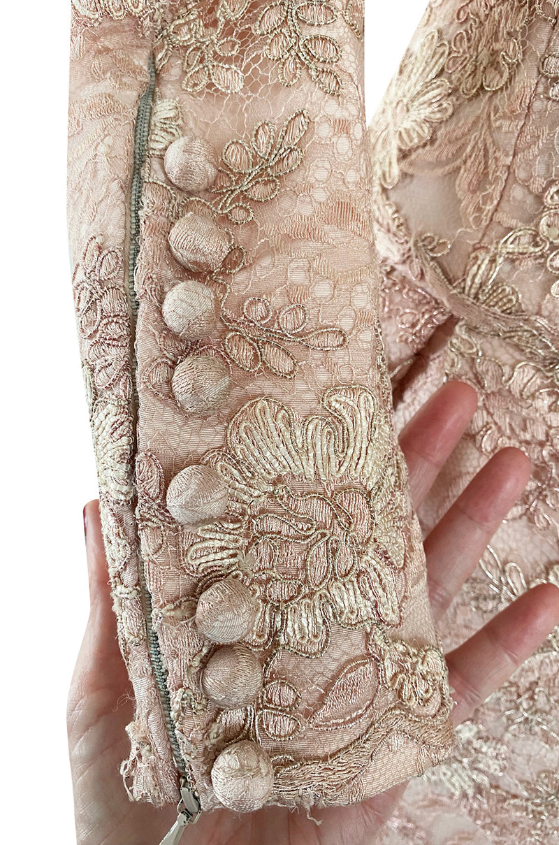 Fall 1994 Nina Ricci Haute Couture Metallic Cord Detailed Lace & Pink Silk Dress