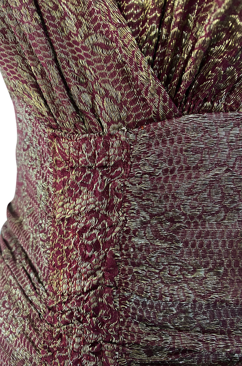 Late 1920s Unlabeled Gold Metallic Lame Thread Mixed w Deep Burgundy Silk Deep Plunge Dress
