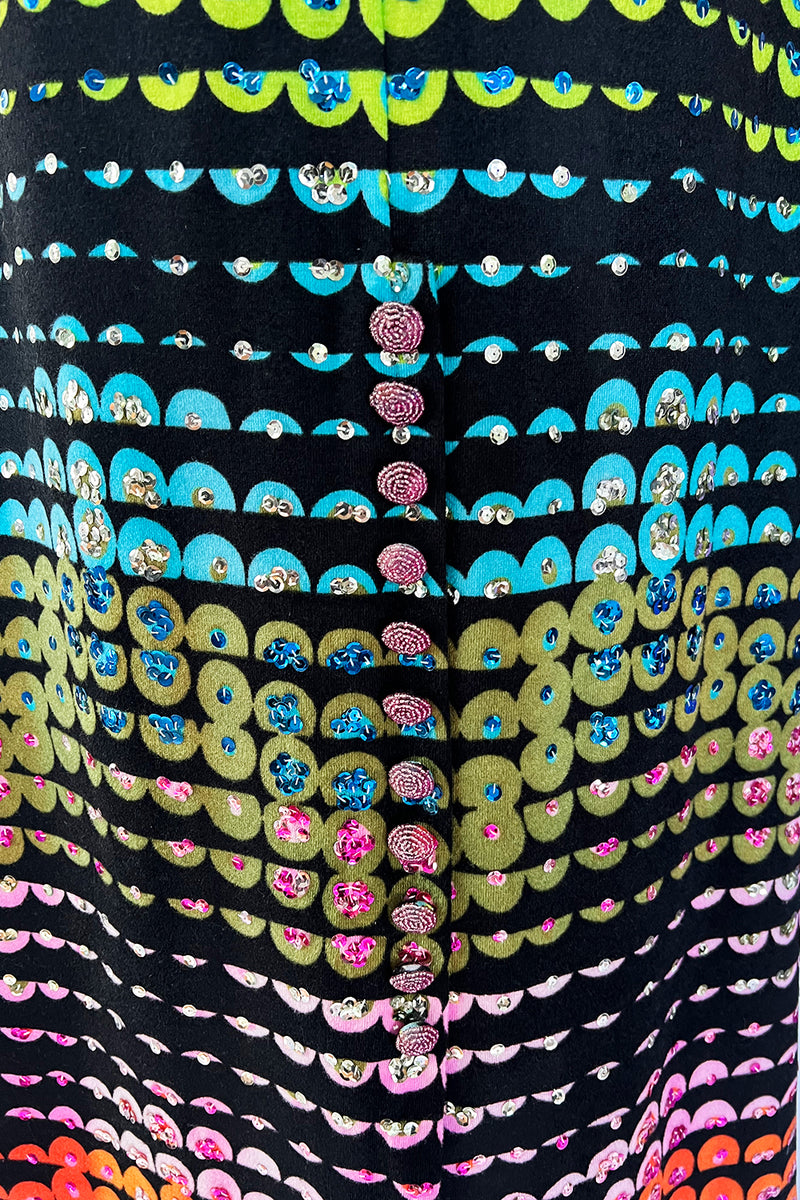 Amazing 1970s Unlabeled Valentina Inc. Rainbow Colored Elaborate Sequin & Bead Detailed Dress