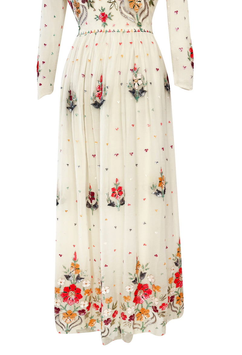 Exceptional 1960s Hand Sequinned Indian Silk Gauze Dress w Matching Veil or Shaw