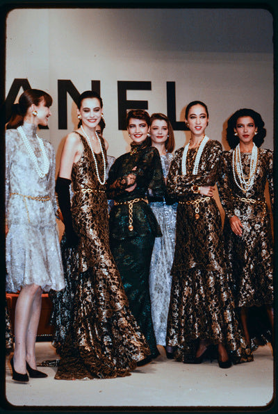 Exceptional Fall 1986 Chanel by Karl Lagerfeld Runway Metallic Gold Thread on Black Silk Net Dress