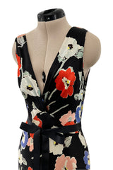Beautiful 1930s Bias Cut Heavy Silk Satin Floral Print Dress w Scalloped Edged Jacket
