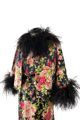 Gorgeous 1950s Fused Chenille Flowers on Silk Dress w Ostrich Feather Trim Jacket