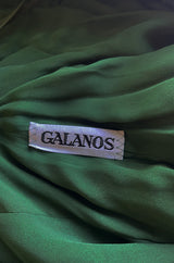 Spectacular Late 1970s Galanos Moss Green Silk Chiffon Car Wash Hem Dress w Draped Shoulder Panel