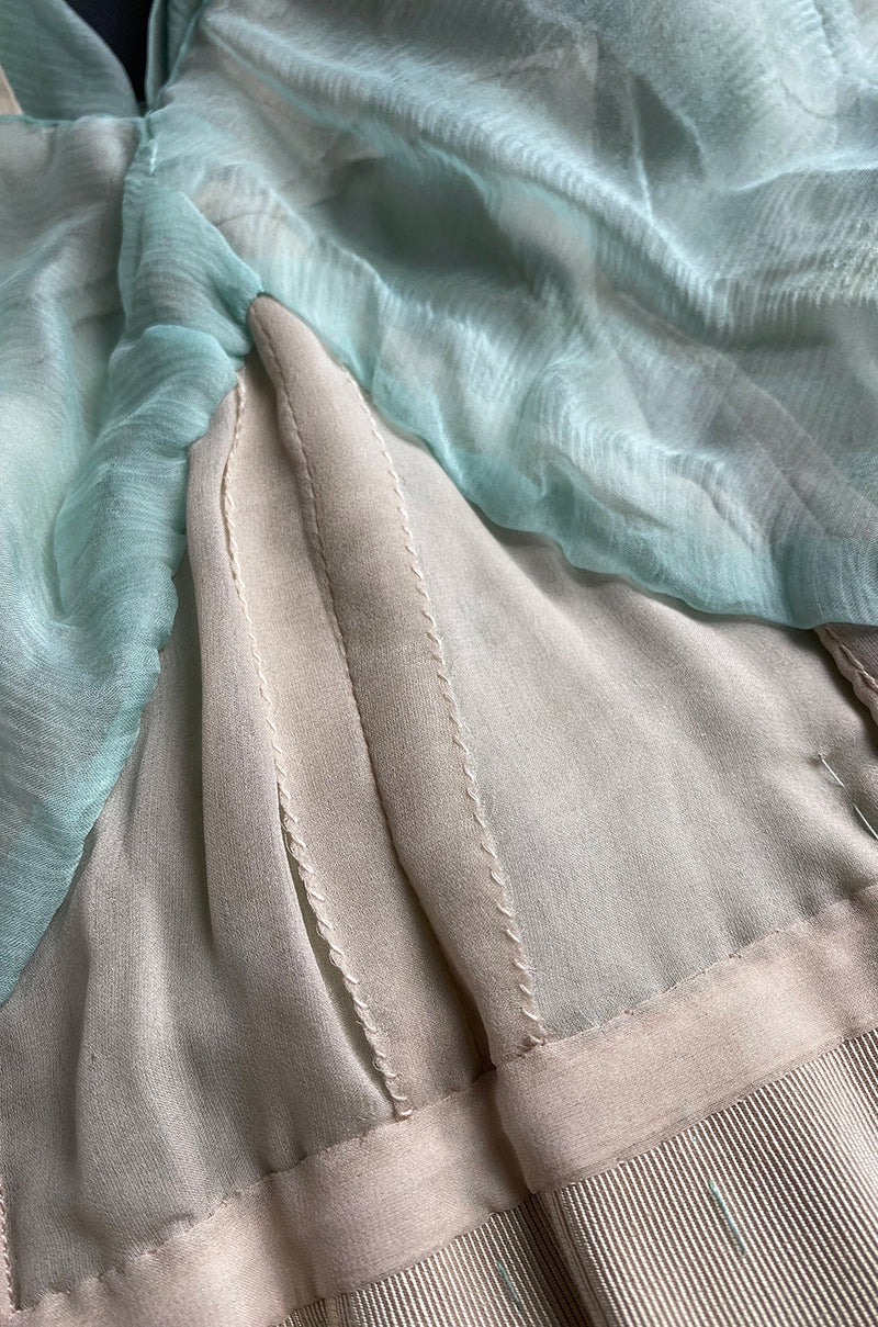 Spring 1976 Chanel Haute Couture Pale Turquoise Silk Chiffon Dress w PinTuck Gathered Front