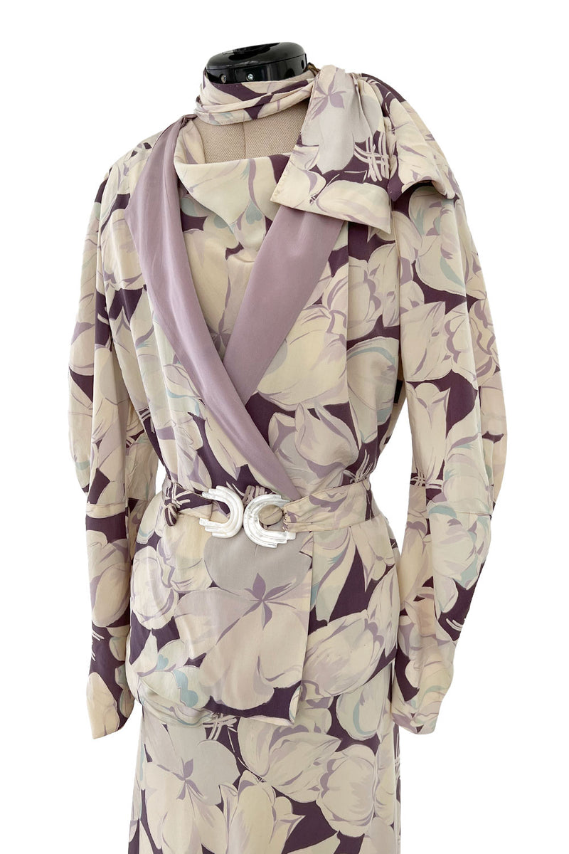 Rare Dated 1934 Bias Cut Soft Purple and Ivory Floral Print Silk Dress & Jacket w MOP Belt