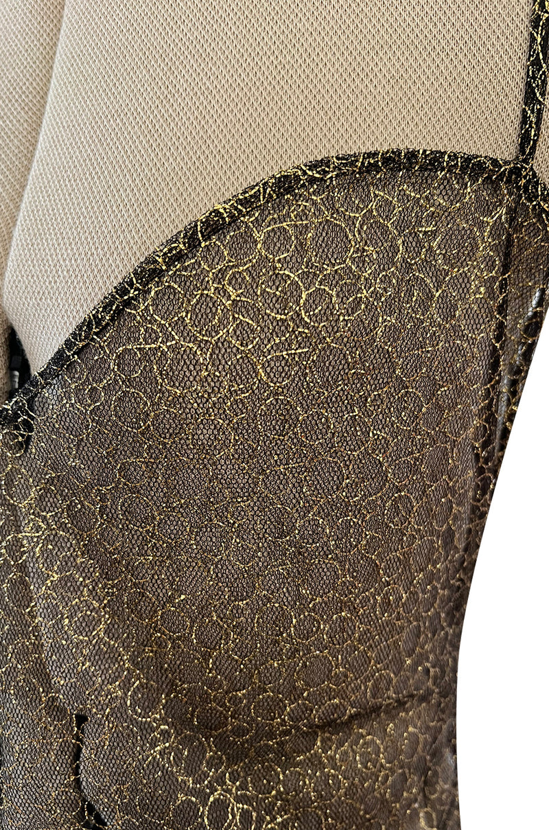 1980s James Galanos Attributed Demi-Couture Black & Metallic Gold Lace Dress Set