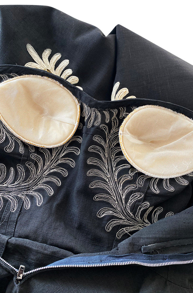 1950s Heavy Cotton / Canvas Strapless Dress  w Hand Applied Cord Applique