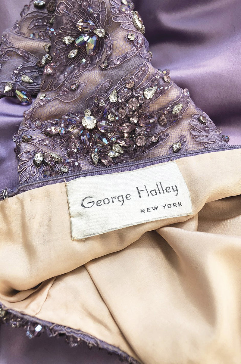 1960s George Halley Couture Lavender Silk Satin Dress w Heavily Detailed Crystal & Rhinestone Bodice