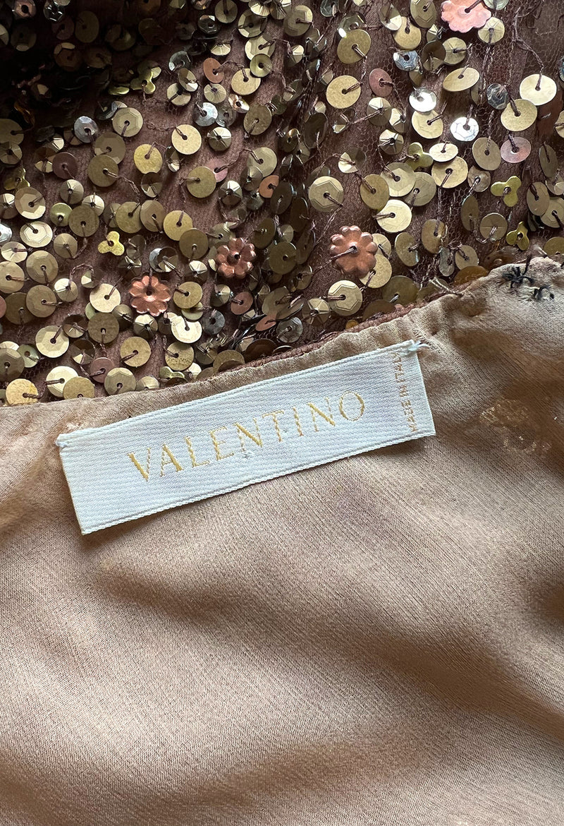 Fall 2002 Valentino Plunged Silk Net Chiffon Dress Completely Covered in Copper Sequins