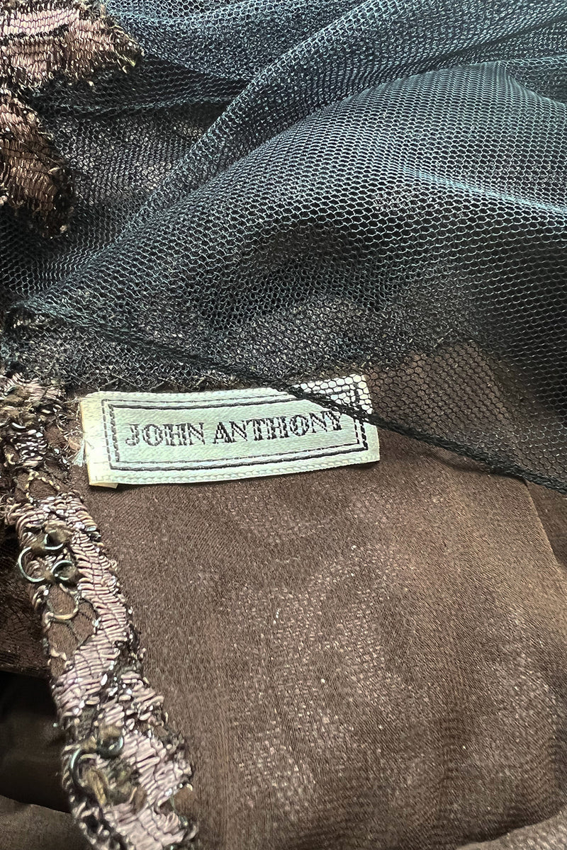 Extraordinary 1990s John Anthony Couture Deep Bronze Lace & Black Silk Netting Full Skirted Dress