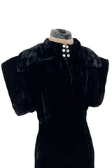 Stunning 1930s Black Silk Velvet Bias Cut Dress w Top Stitched Sleeves & Silver Glitter Buttons