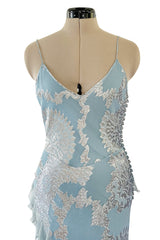 Iconic Fall 2004 John Galliano Bias Cut Blue Dress w Ruffles & Metallic Silver Detailing