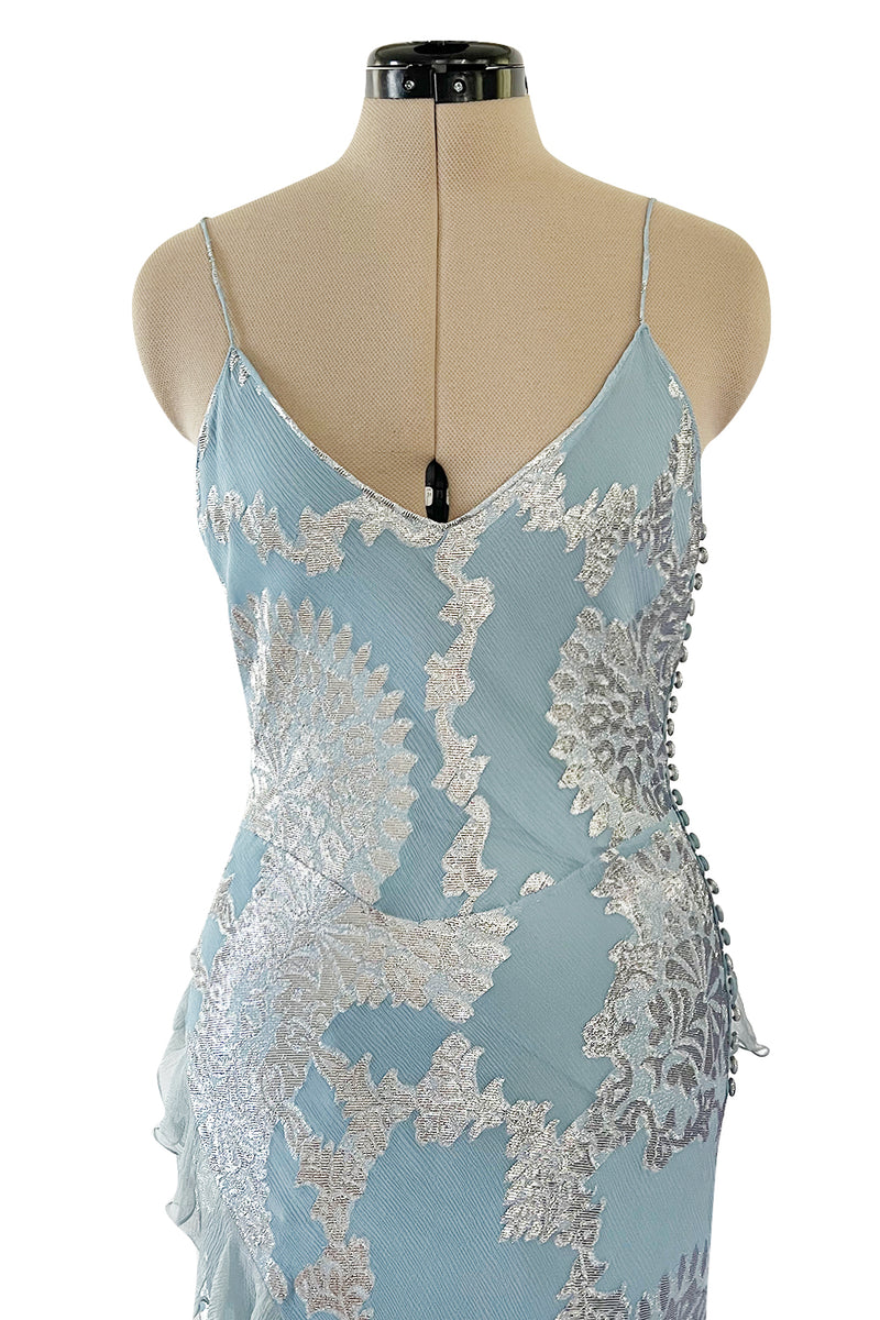 Iconic Fall 2004 John Galliano Bias Cut Blue Dress w Ruffles & Metallic Silver Detailing