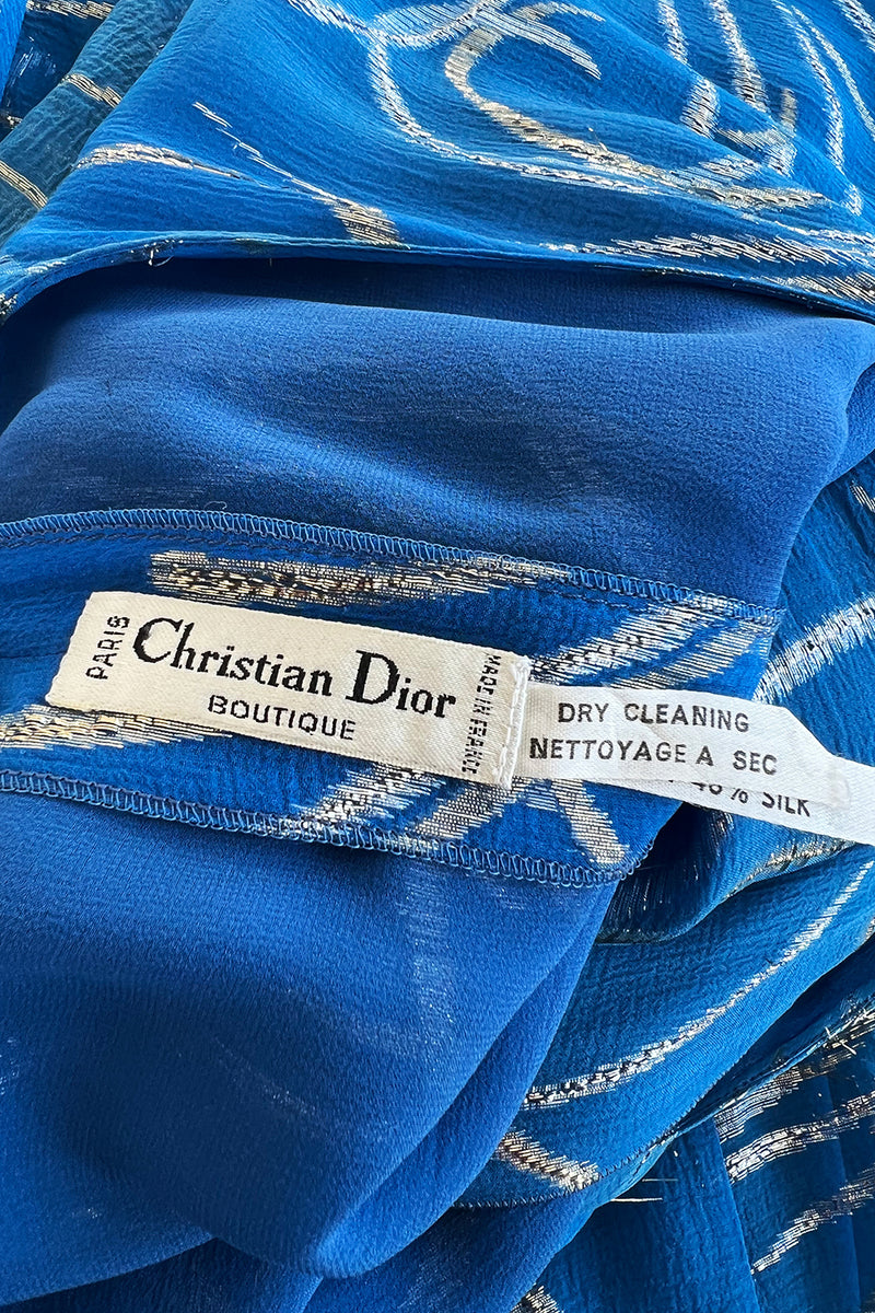Extraordinary Fall 1979 Christian Dior by Marc Bohan Blue Silk Dress w Metallic Gold & Silver Detail