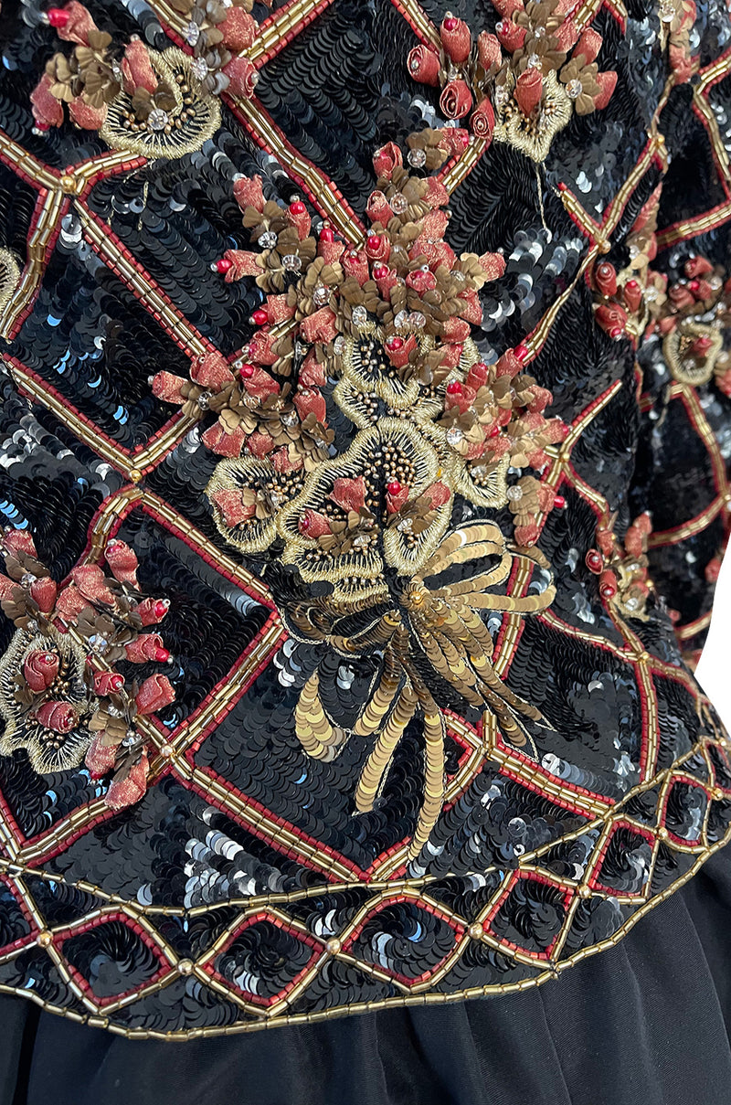 Elaborate 1987 John Anthony Couture Off Shoulder Mini Dress w Sequin Beading & Rosettes