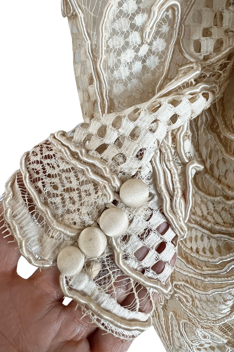 Extraordinary 1960s Donald Brooks Couture Ivory Net Lace & Silk Cord Babydoll Dress