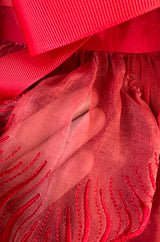 1980s Unlabeled Nina Ricci by Girard Pipard Haute Couture Red Silk & Net Leaf or Petal Dress