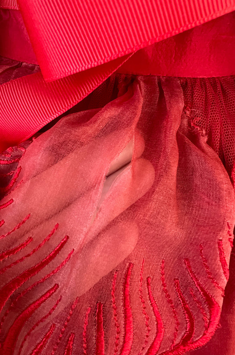 1980s Unlabeled Nina Ricci by Girard Pipard Haute Couture Red Silk & Net Leaf or Petal Dress