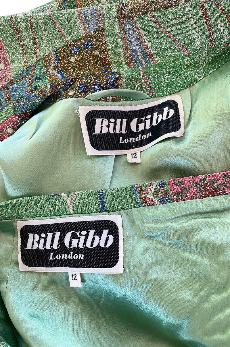 Rare 1973 Bill Gibb Museum Documented Metallic Green Lurex Skirt Top and Jacket Set