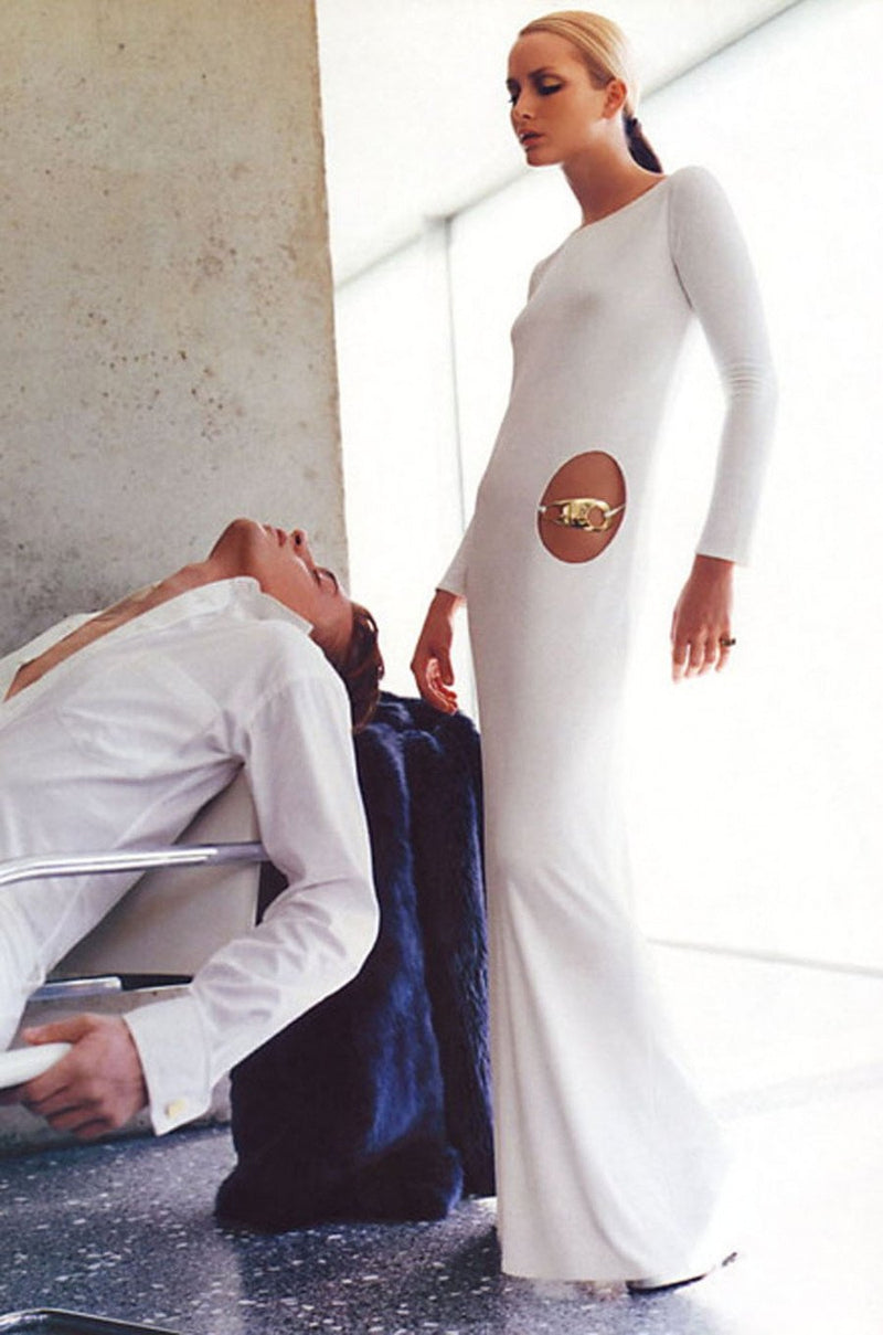 Important Fall 1996 Tom Ford for Gucci KeyHole Gown w Gold G-string Be – Shrimpton Couture Important Fall 1996 Tom Ford for Gucci KeyHole Gown w Gold G-string Be – Shrimpton Couture