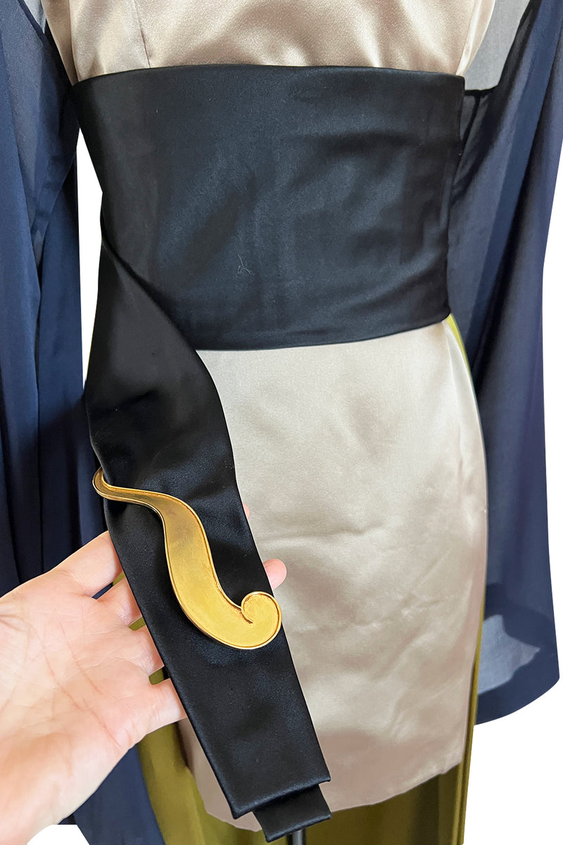 Fall 1994 Guy Laroche Haute Couture Runway Wide Sleeve Dress w Cumberbund & Back Skirt Panel