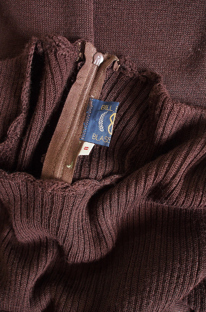 1970s Brown Knit Bill Blass Maxi Dress