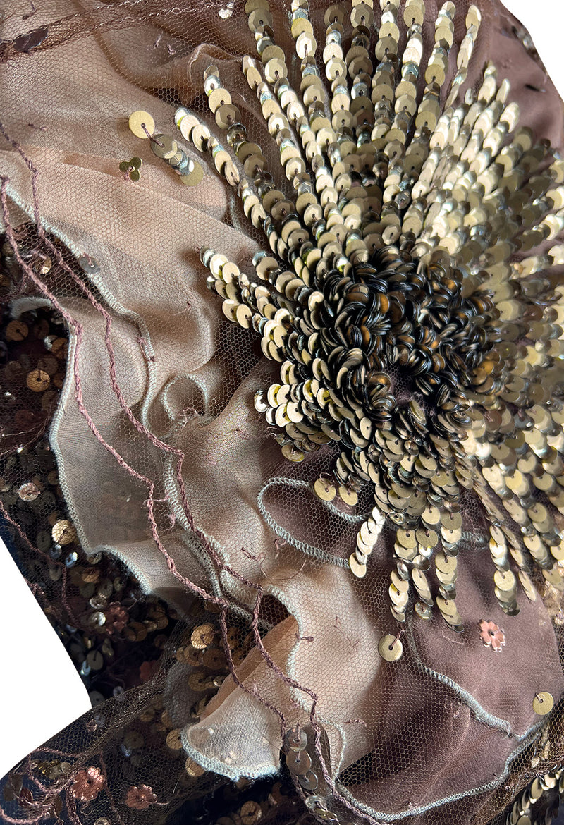Fall 2002 Valentino Plunged Silk Net Chiffon Dress Completely Covered in Copper Sequins