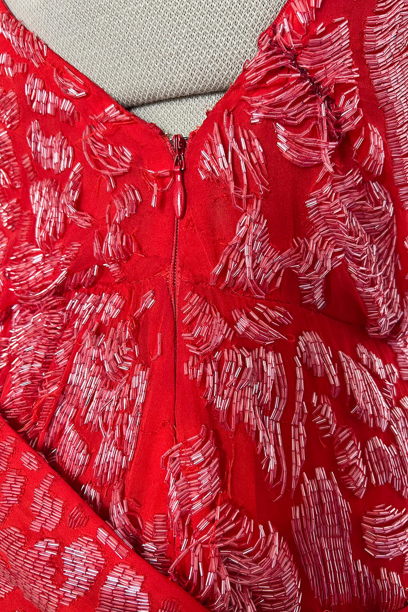 Spectacular 1980s Salvatore Ferragamo Red Glass Beaded One Shoulder Dress