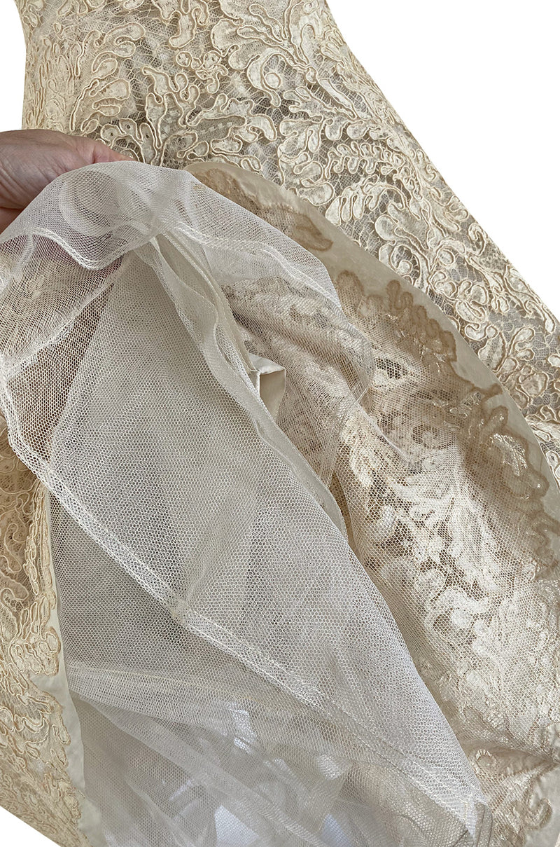 Exceptional Spring 1956 Pierre Balmain Haute Couture Strapless French Alencon Lace & Silk Organza Dress