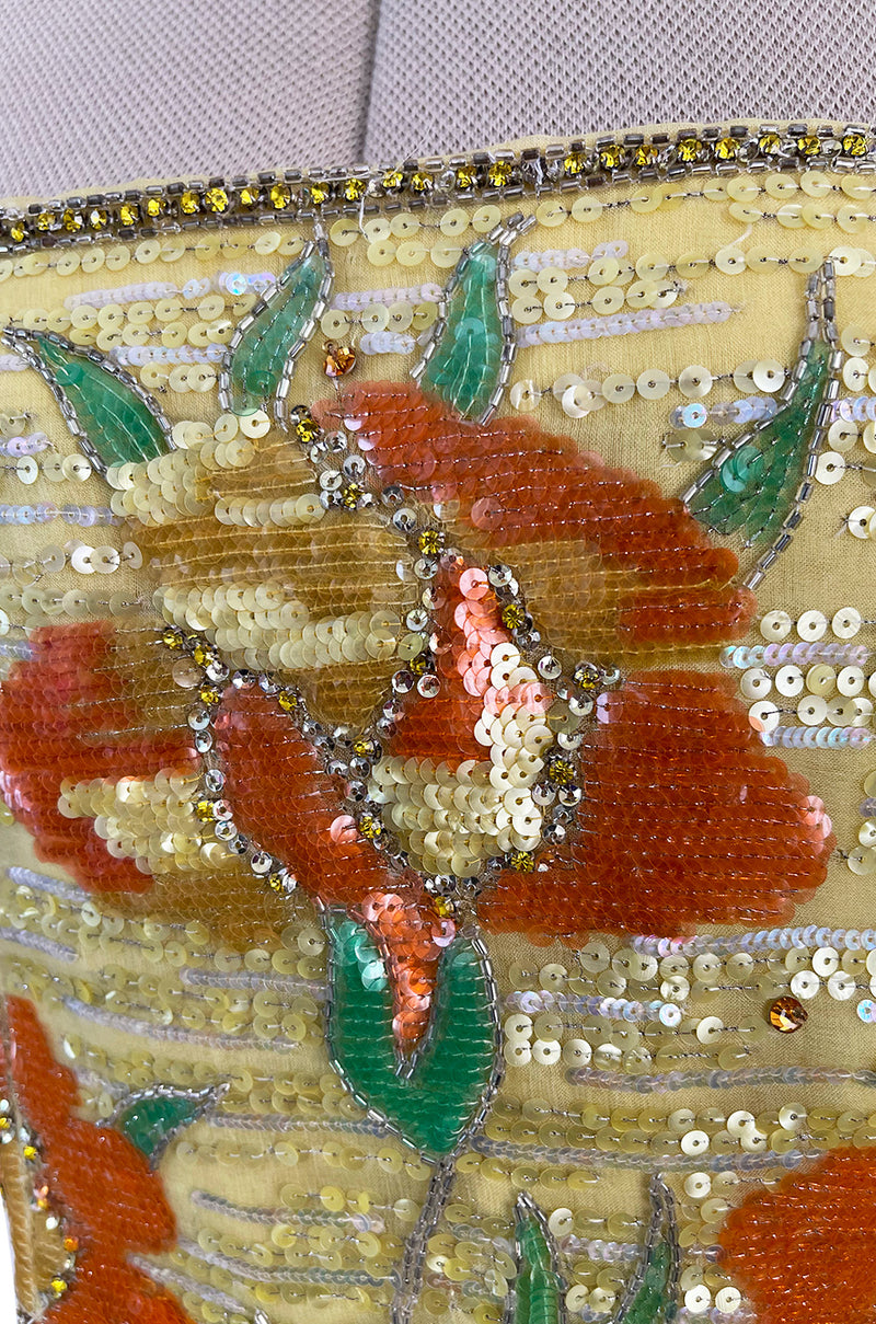 Spring 1977 Jean Louis Scherrer Haute Couture Strapless Floral Sequin Silk Dress w Matching Silk Cape