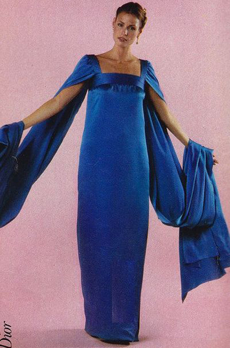 Fall 1978 Christian Dior Haute Couture Silk Satin Caped Sleeve Dress