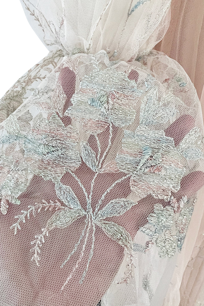 1976 Bill Gibb Couture Pleated Silk Chiffon Skirt w Metallic Thread Embroidered Silk Net Coat