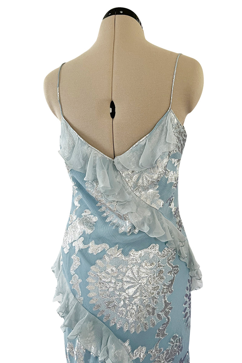 Iconic Fall 2004 John Galliano Bias Cut Blue Dress w Ruffles & Metallic Silver Detailing