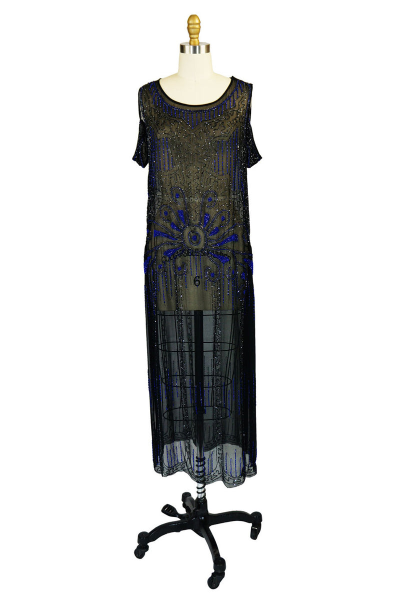 1920s Silk Blue Beaded Flapper Dress