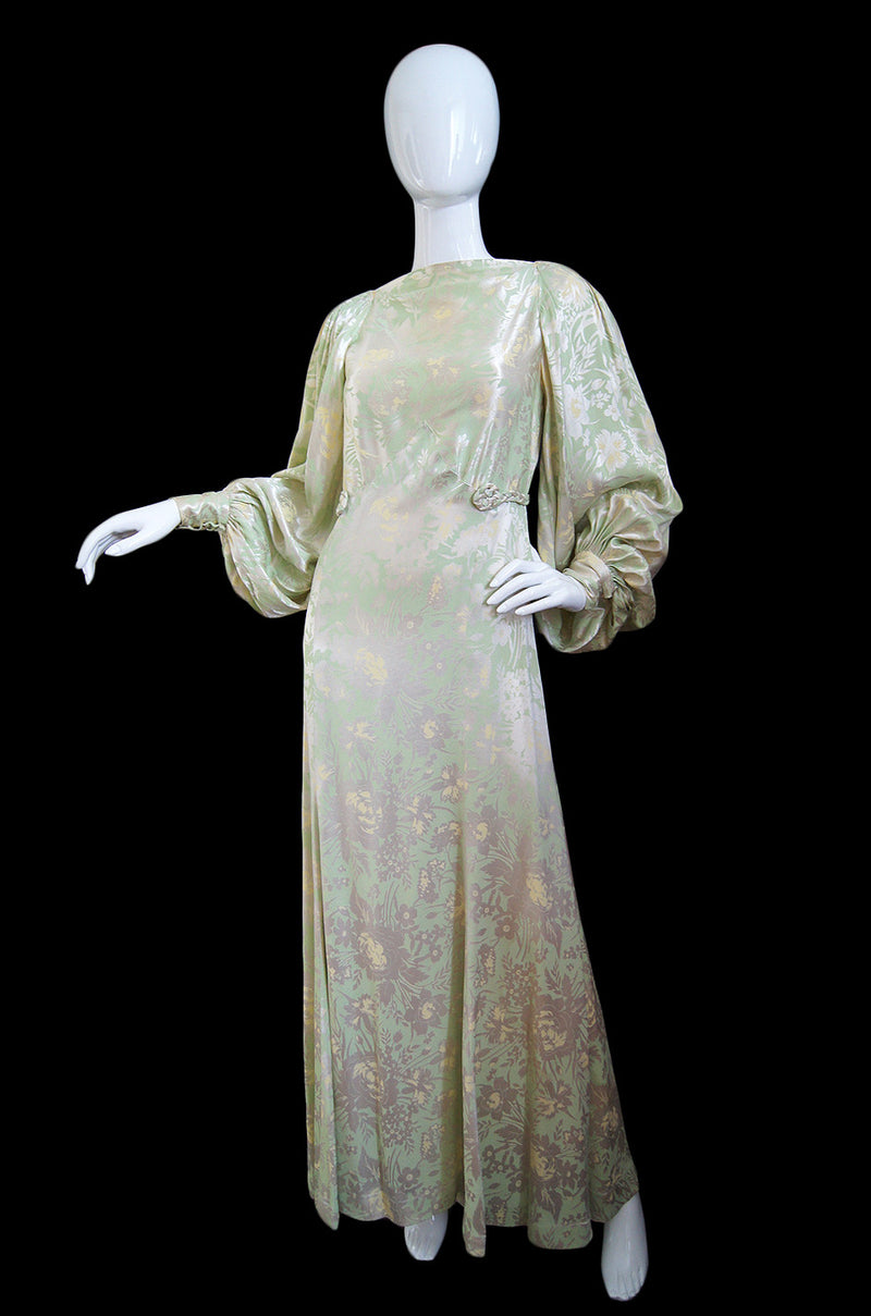 1930s Bias Cut Silk Satin Floral Gown