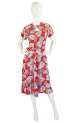 1940s Lily Print Red Rayon Swing Dress