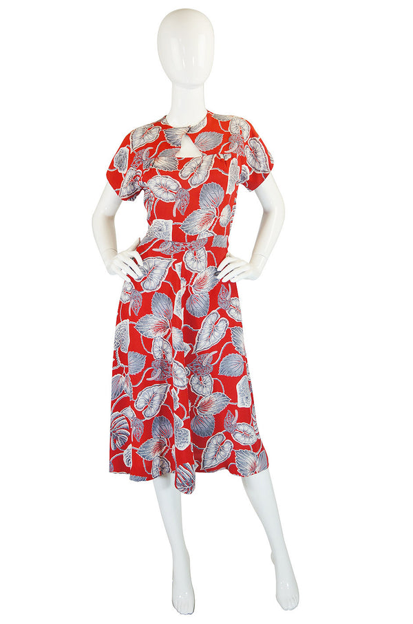 1940s Lily Print Red Rayon Swing Dress