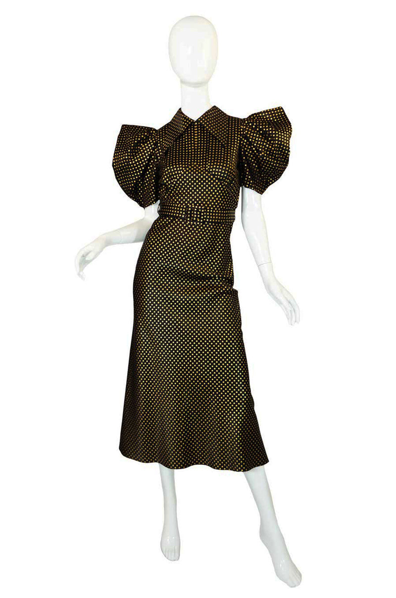 1940s Open Back Gold Dot Silk Dress