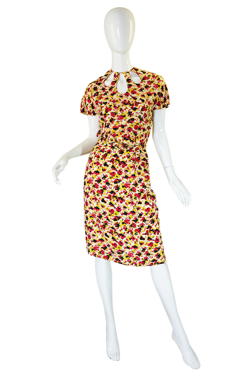 1940s Silk Floral Day Dress with Cutouts