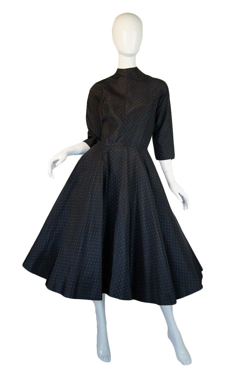 1950s Blue Dot Silk Taffeta Dance Dress