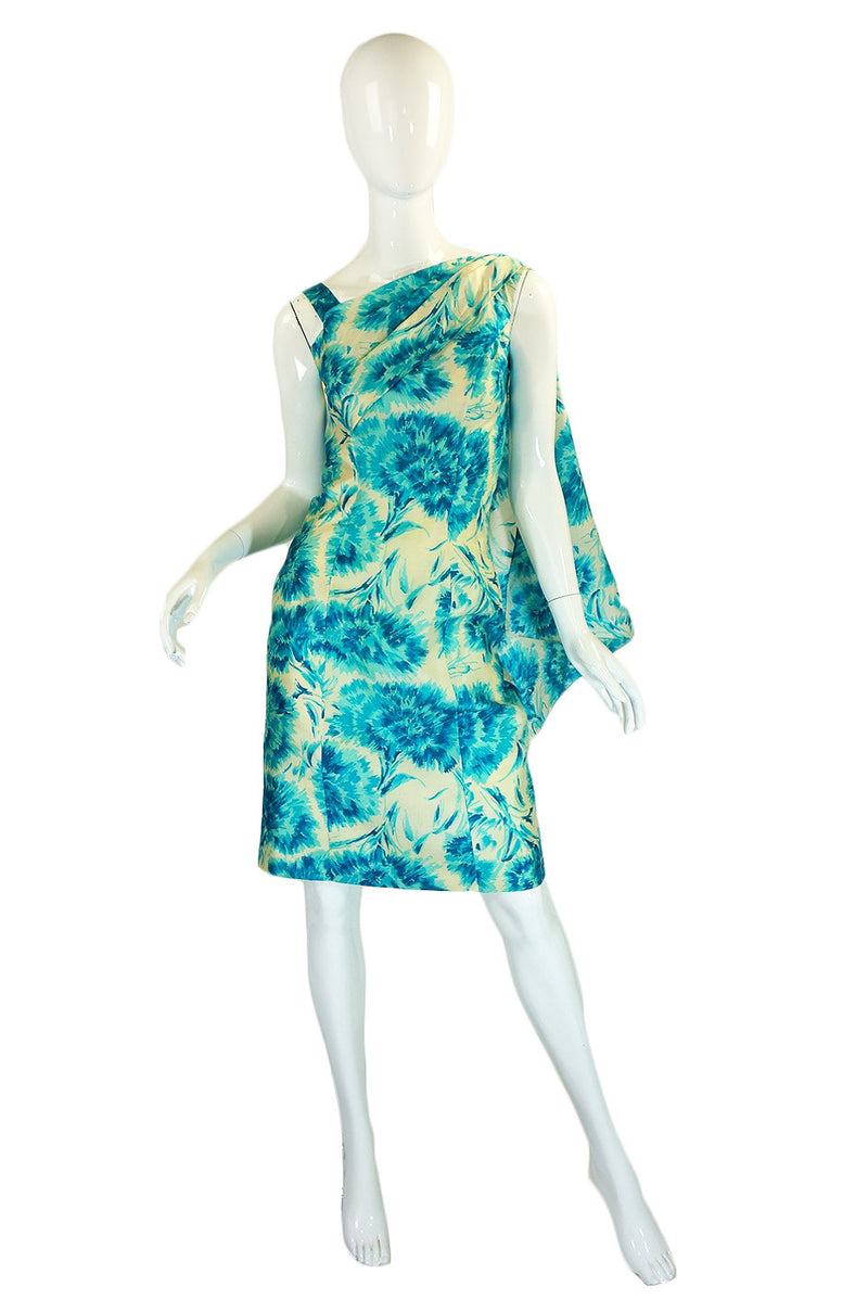 1950s Blue Print Draped Silk Wiggle Dress Shrimpton Couture 1950s Blue Print Draped Silk Wiggle Dress Shrimpton Couture