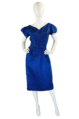 1950s Blue Silk Wiggle Dress and Belt