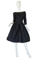 1950s Full Skirted Black Silk Dress